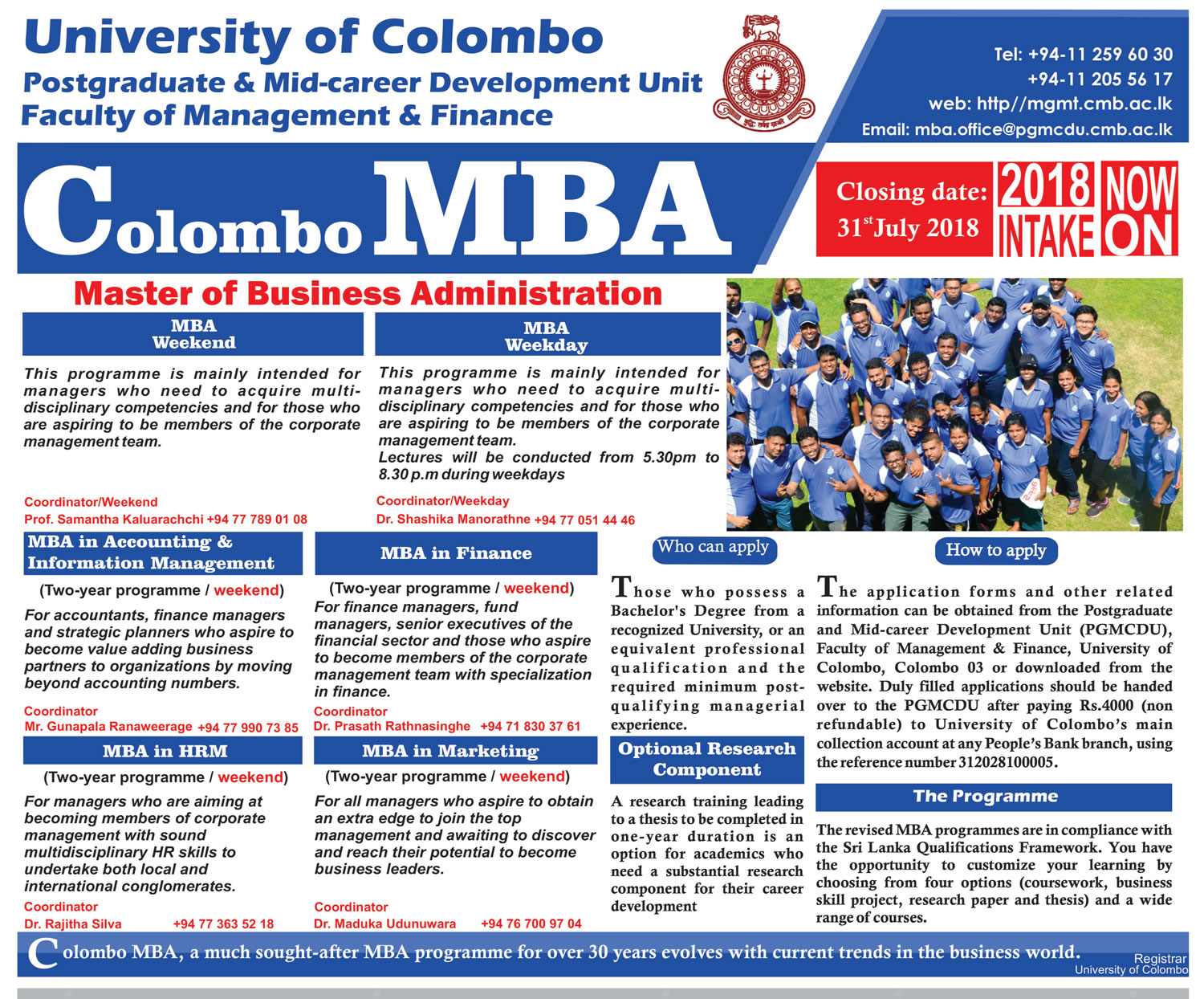 Master of Business Administration - Faculty of Management & Finance - University of Colombo